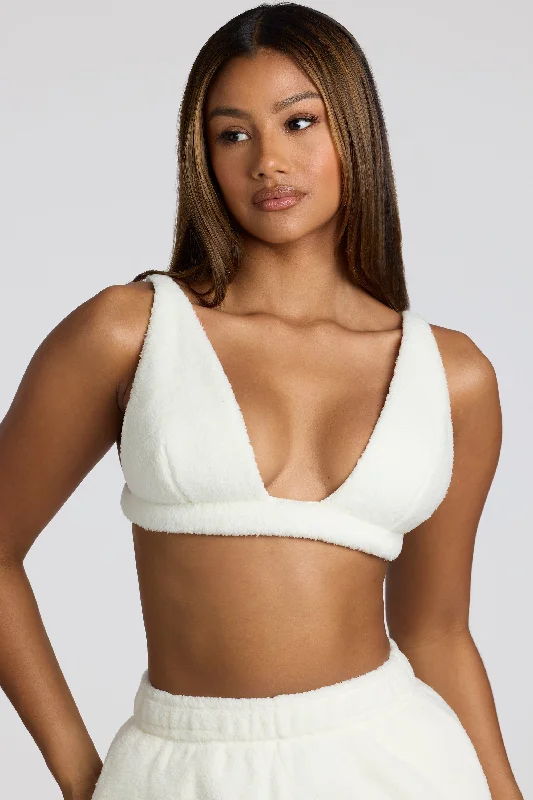 V Neck Fleece Bralette in White