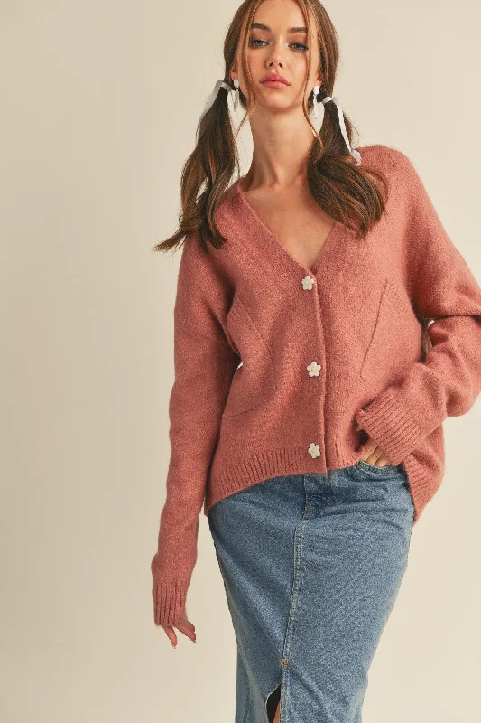 Mauve Daisy Button Knit Cardigan