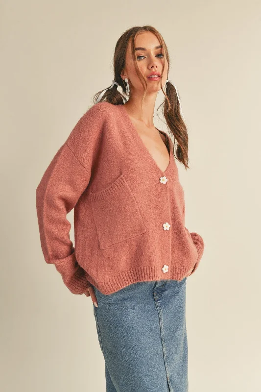 Mauve Daisy Button Knit Cardigan