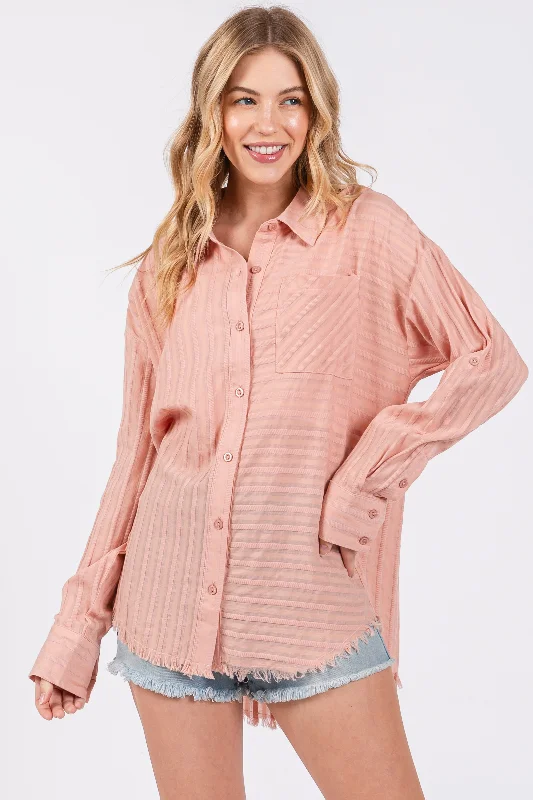 Mauve Striped Fringe Button Down Shirt