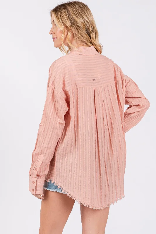 Mauve Striped Fringe Button Down Shirt