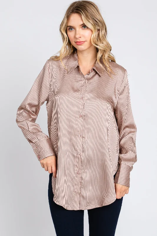 Mauve Striped Satin Button Up Top