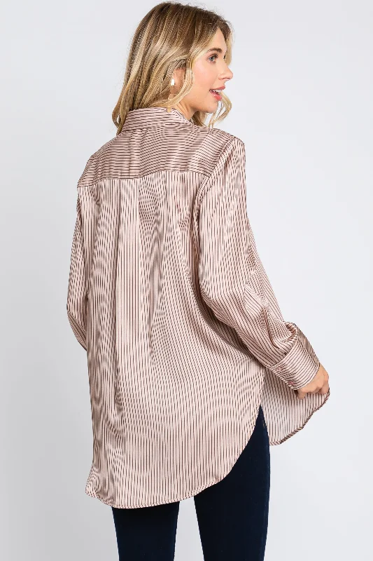 Mauve Striped Satin Button Up Top