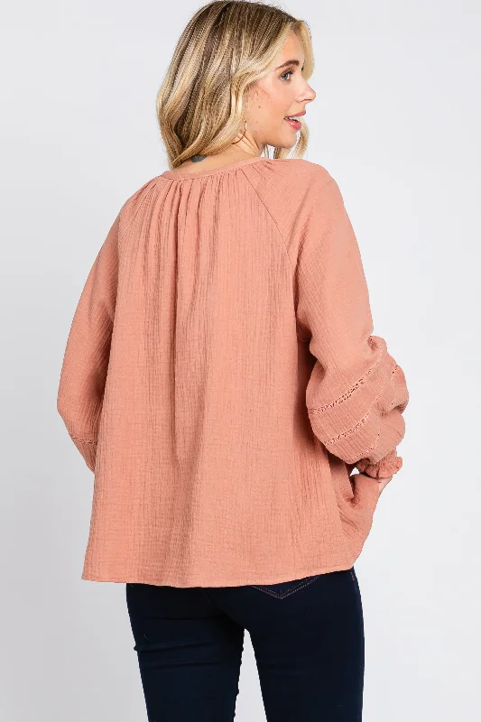 Mauve Tie Front Long Sleeve Blouse