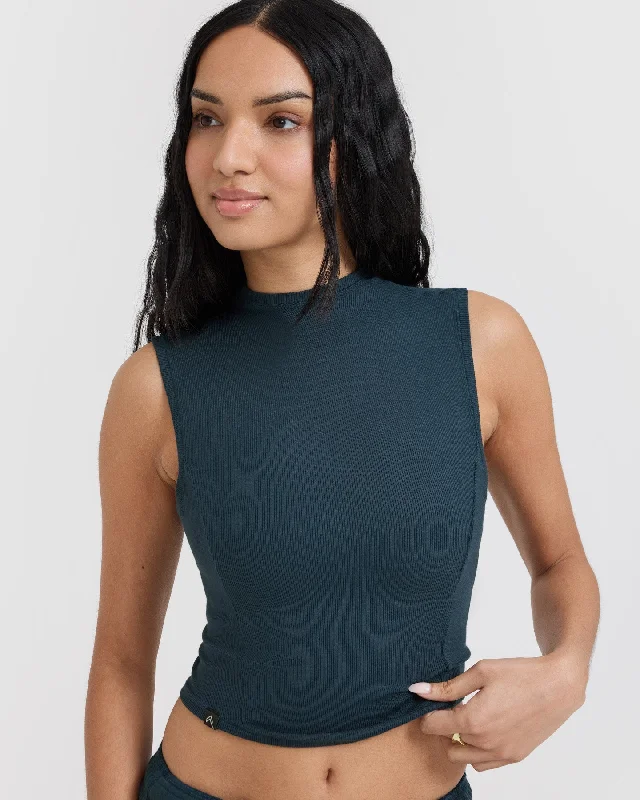 Mellow Rib Mid Mock Neck Tank | Oil Blue