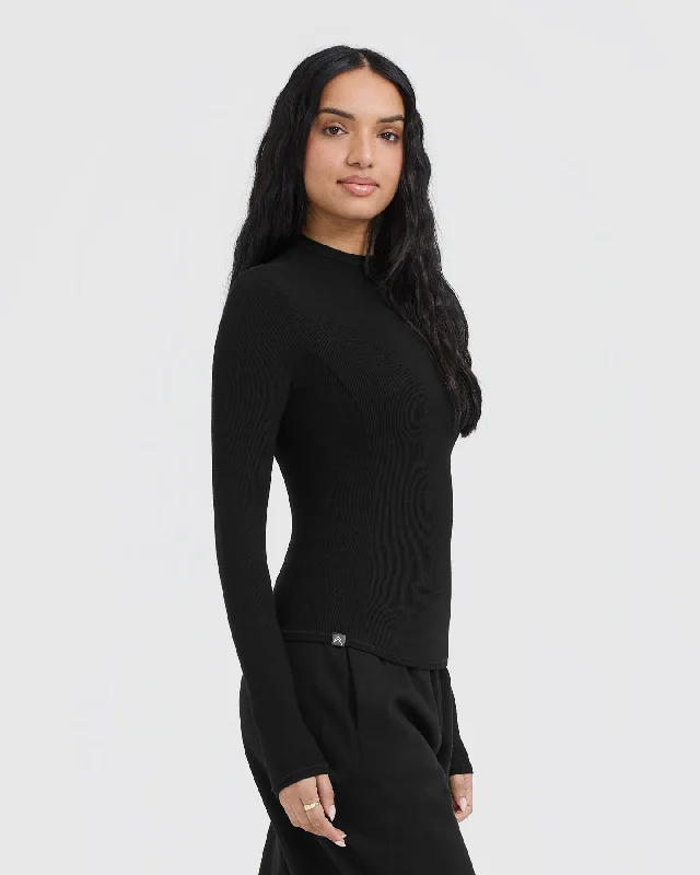 Mellow Rib Mock Neck Long Sleeve Top | Black