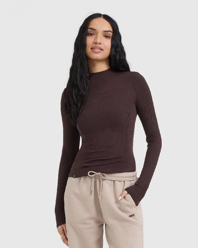 Mellow Rib Mock Neck Long Sleeve Top | Plum Brown