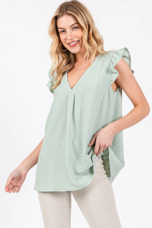 Mint Swiss Dot Flutter Sleeve V-Neck Top