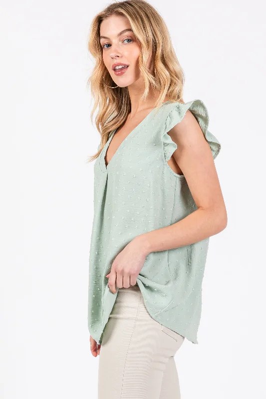 Mint Swiss Dot Flutter Sleeve V-Neck Top