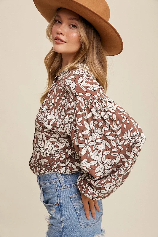 Mocha Leaf Print Button Up Top