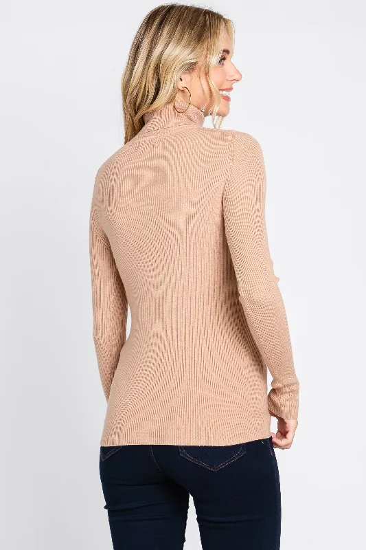 Mocha Ribbed Fitted Long Sleeve Top