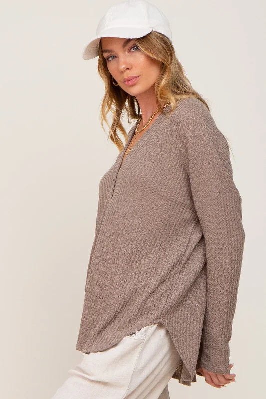 Mocha Waffle Knit Button Down Top