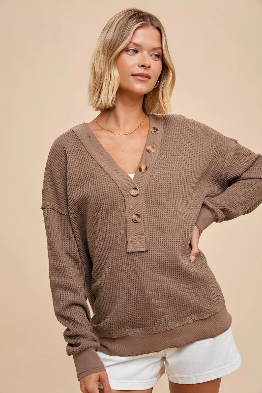 Mocha Waffle Knit Deep V-Neck Top