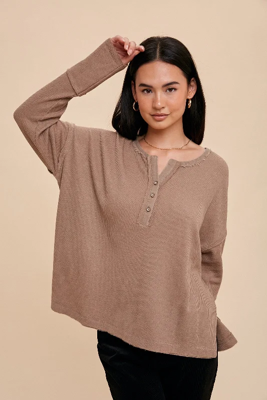 Mocha Waffle Knit Henley Top