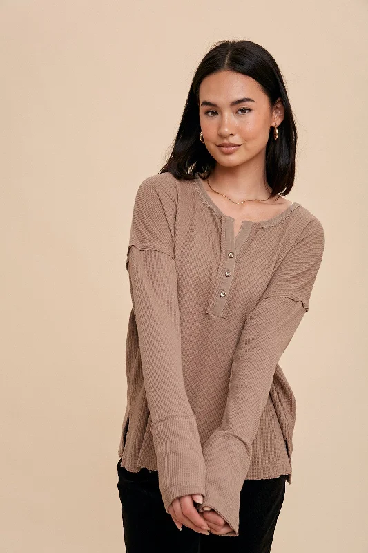 Mocha Waffle Knit Henley Top