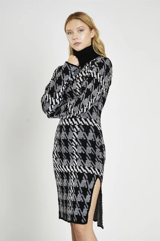 Mono Tartan-Check Roll-Neck Jumper Midi-Dress