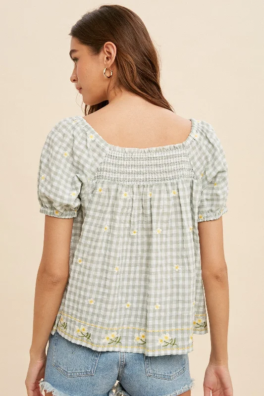 Moss Floral Embroidery Gingham Smock Blouse