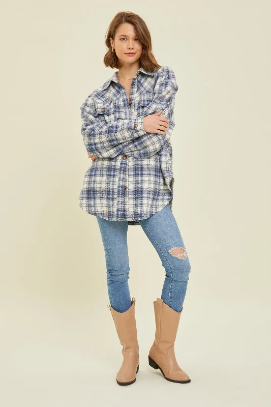 Navy Blue Flannel Plaid Button Up Shacket