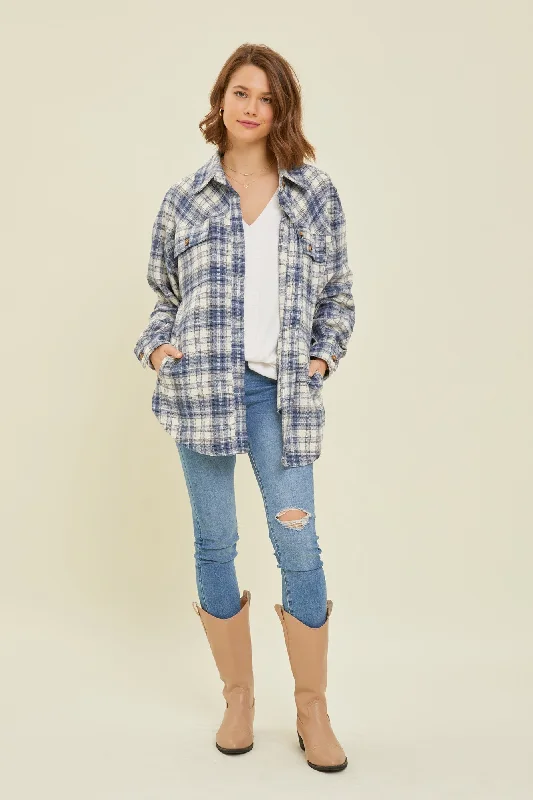 Navy Blue Flannel Plaid Button Up Shacket