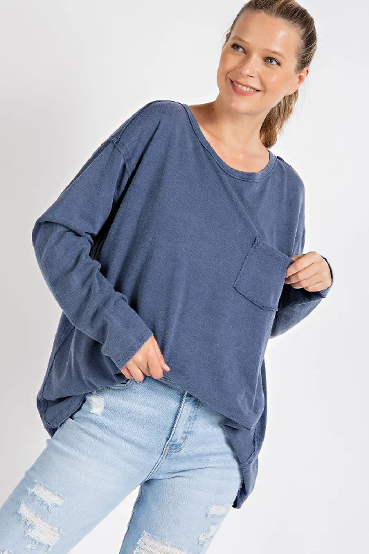 Navy Blue Mineral Wash Front Pocket Long Sleeve Top