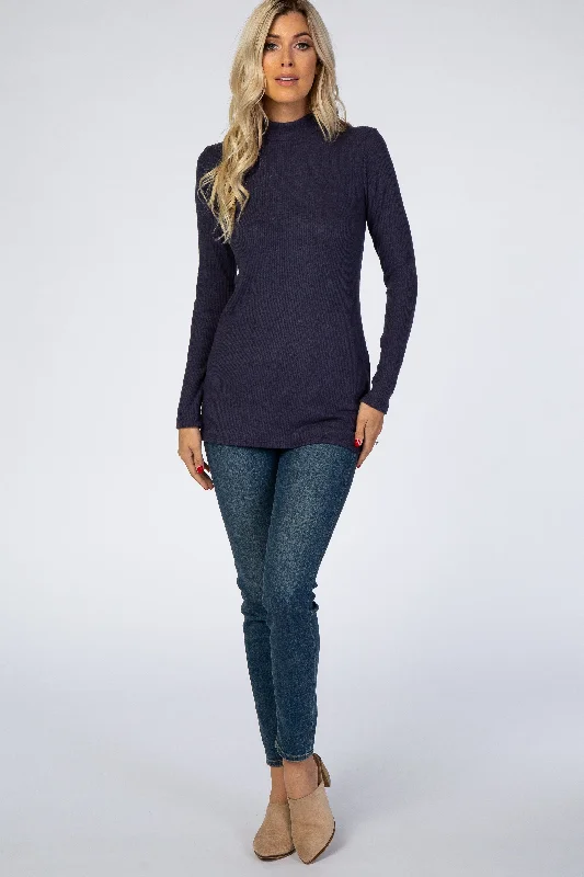 Navy Blue Ribbed Long Sleeve Mock Neck Top