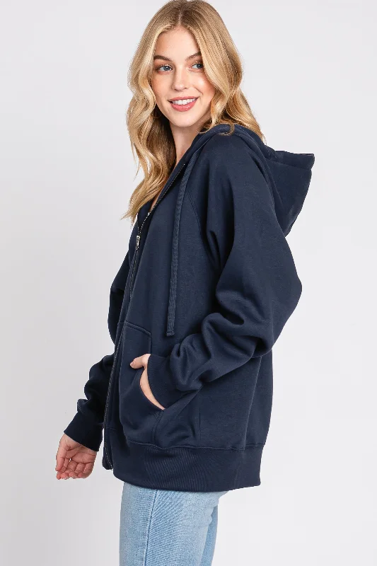 Navy Front Zipper Hooded Sweater