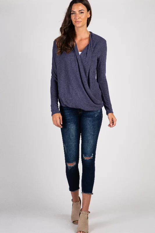 Navy Knit Draped Wrap V-Neck Nursing Top