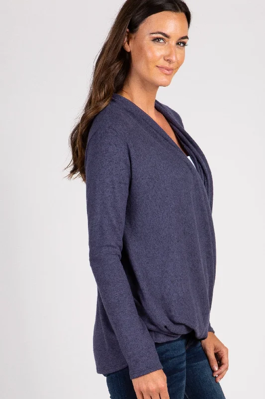 Navy Knit Draped Wrap V-Neck Nursing Top