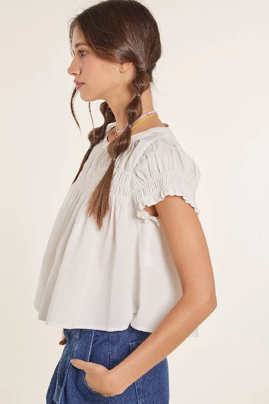 Off White Smocked Babydoll Ruffle Crop Top