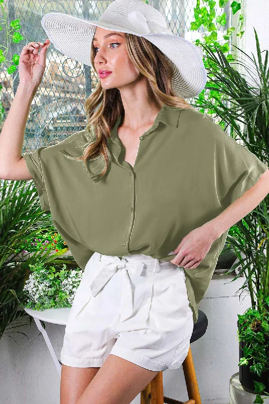 Olive Dolman Sleeve Button Down Blouse