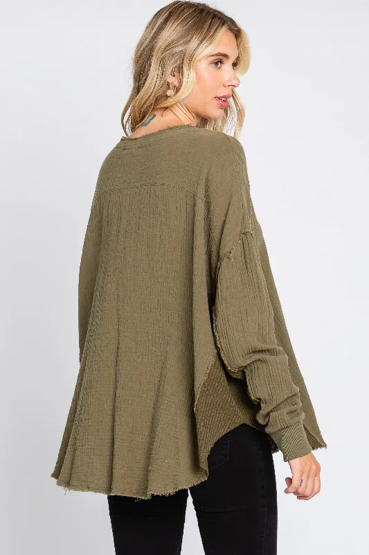 Olive Front Button Drop Shoulder Long Sleeve Top