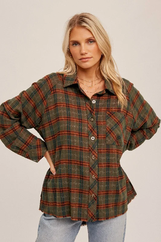 Olive Plaid Button Down Raw Edge Flannel Top