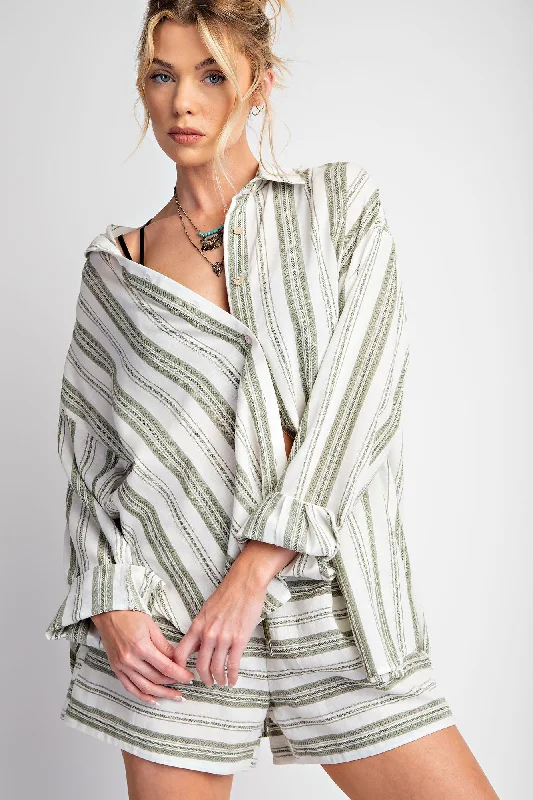 Olive Yarn Dye Stripe Button Down Top