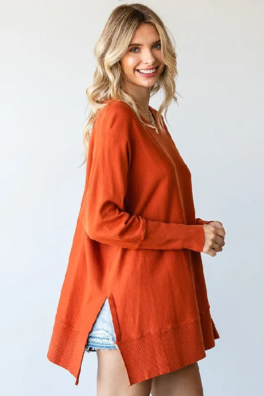 Orange Dolman Sleeve Side Slit Sweater