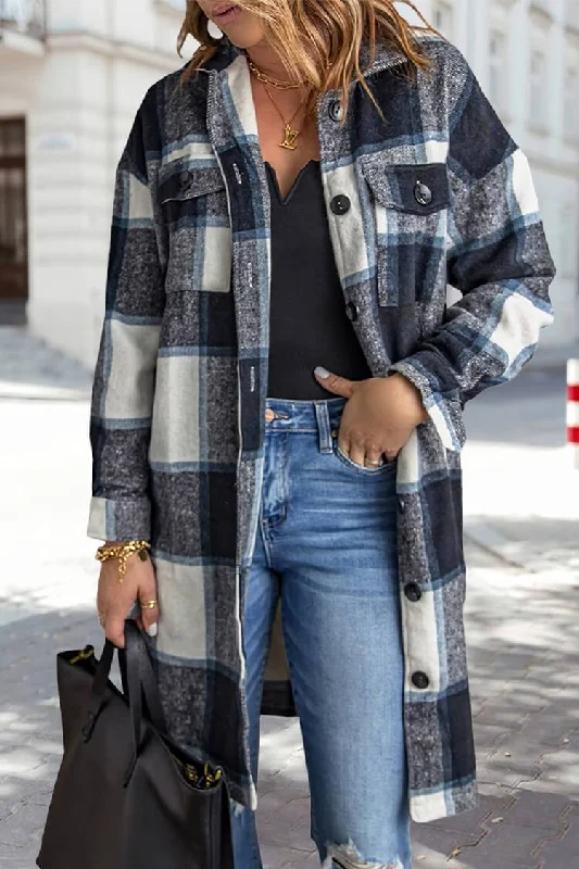 Oversized Plaid Shacket Flap Pockets Long Shirt Jacket