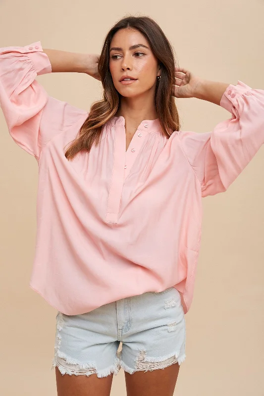 Peach Button Front Long Puff Sleeve Top