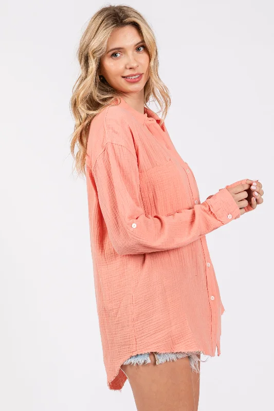 Peach Front Pocket Fringe Hem Button Up Shirt