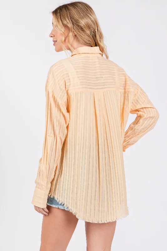 Peach Striped Fringe Button Down Shirt