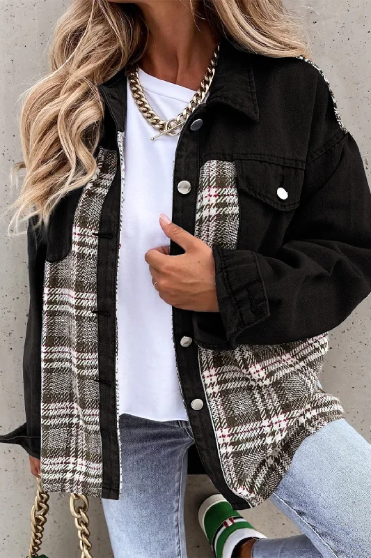 Plaid Block Black Oversized Jean Jacket with Pockets