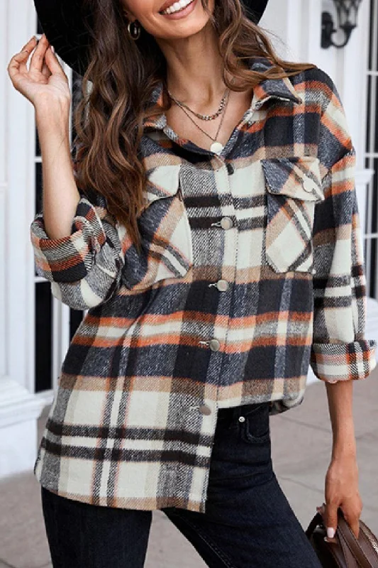 Shacket Plaid Button Loose Casual Flannel Fall Pockets Blouse Shirt