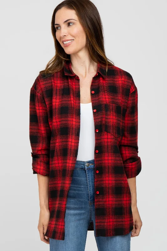 Red Black Plaid Button Down Top