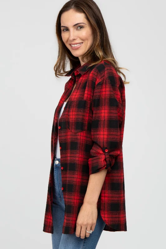 Red Black Plaid Button Down Top