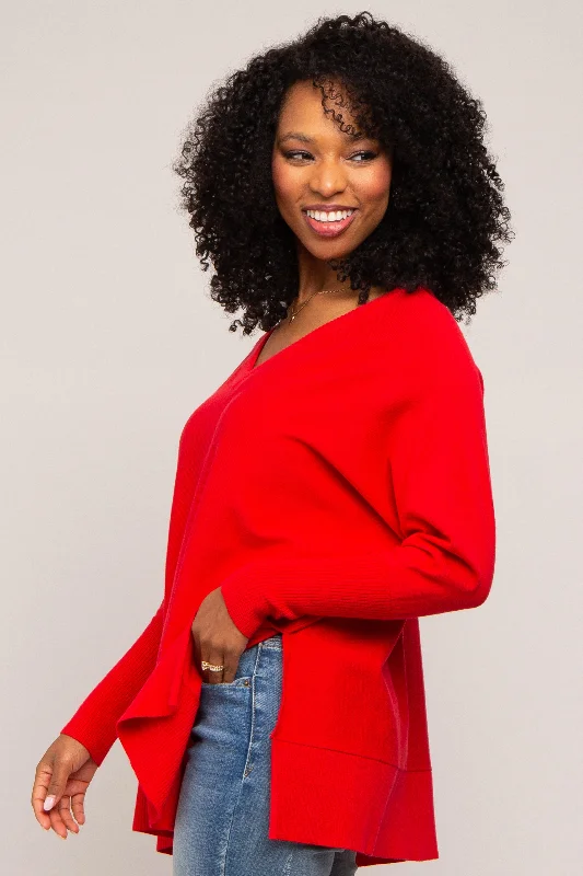 Red Knit Long Dolman Sleeve Top