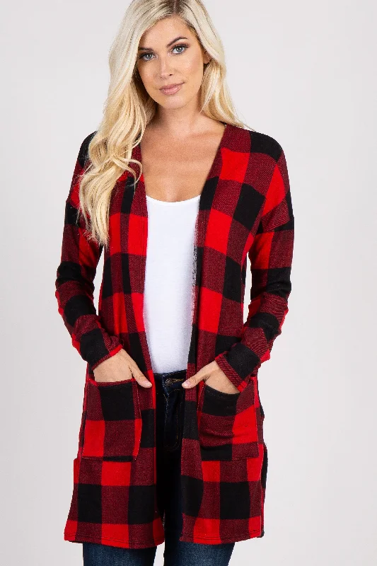 Red Plaid Long Sleeve Cardigan