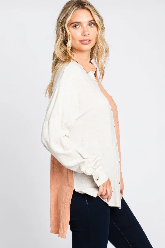 Rust Color Block Button Up Linen Top