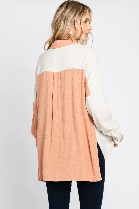 Rust Color Block Button Up Linen Top