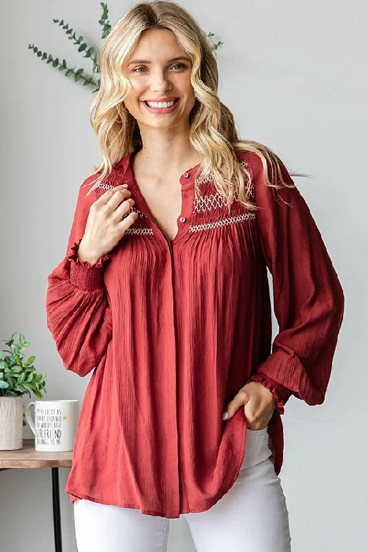 Rust Embroidered Smocked Blouse