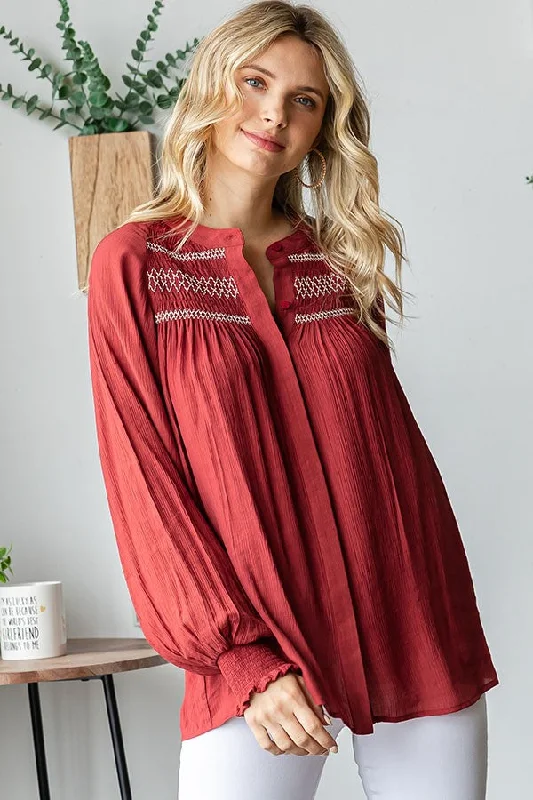 Rust Embroidered Smocked Blouse