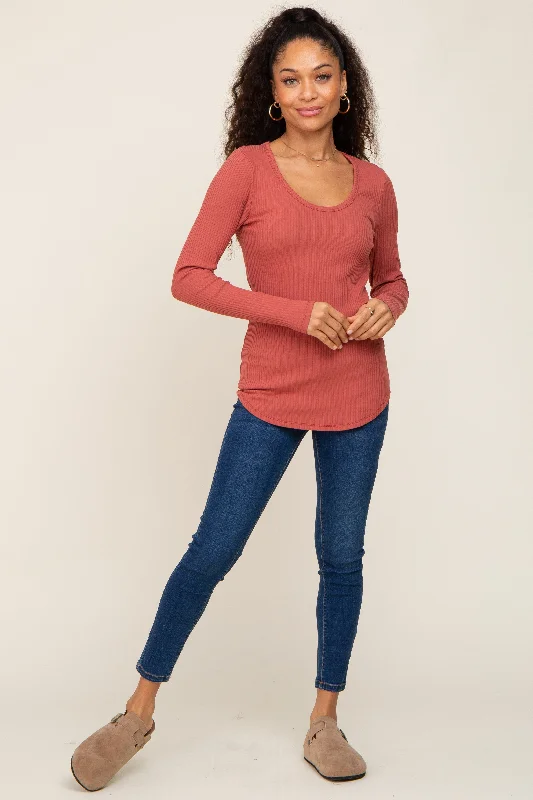 Rust Ribbed Scoop Neck Long Sleeve Top