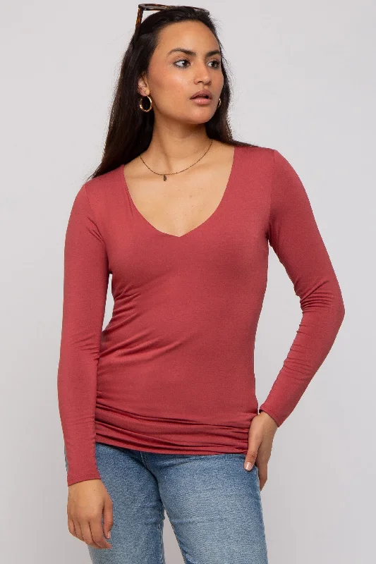 Rust V-Neck Long Sleeve Top